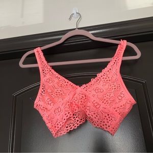 Aerie bright coral macramé crochet lace v-neck no wire bralette